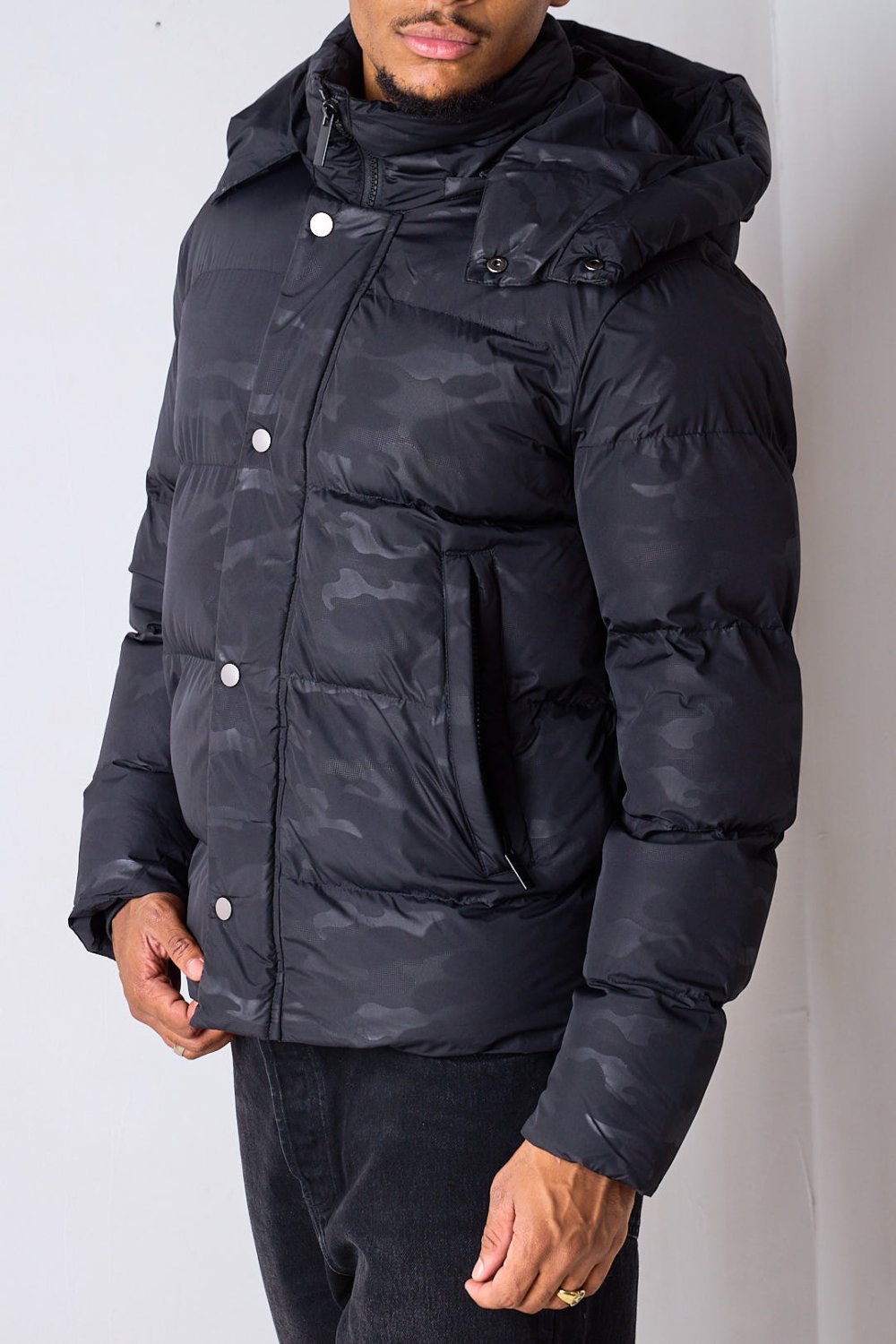 Black short quilted puffer with detachable hood