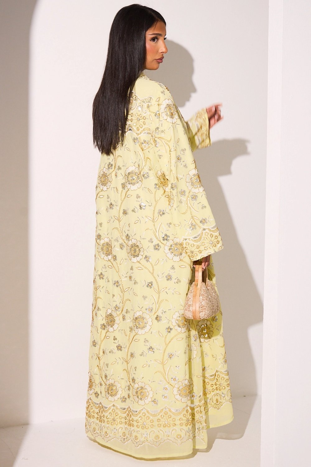 Abaya à perles dorées et sequins jaune