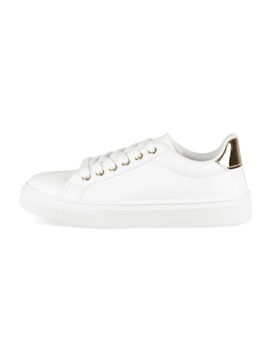 White sneakers with gold heel tab