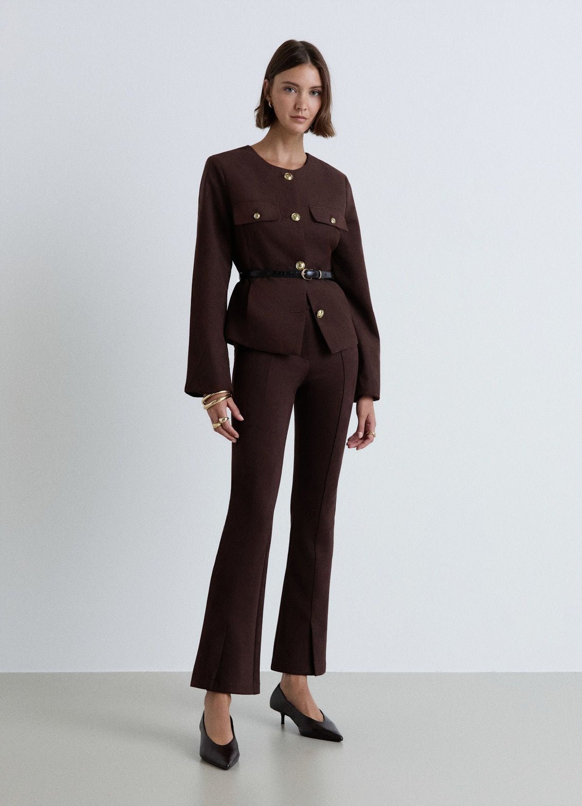 Belted collarless suede-effect jacket