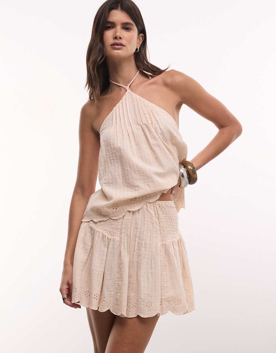Josie - Jupe de plage d'ensemble brodée à taille froncée - Rose