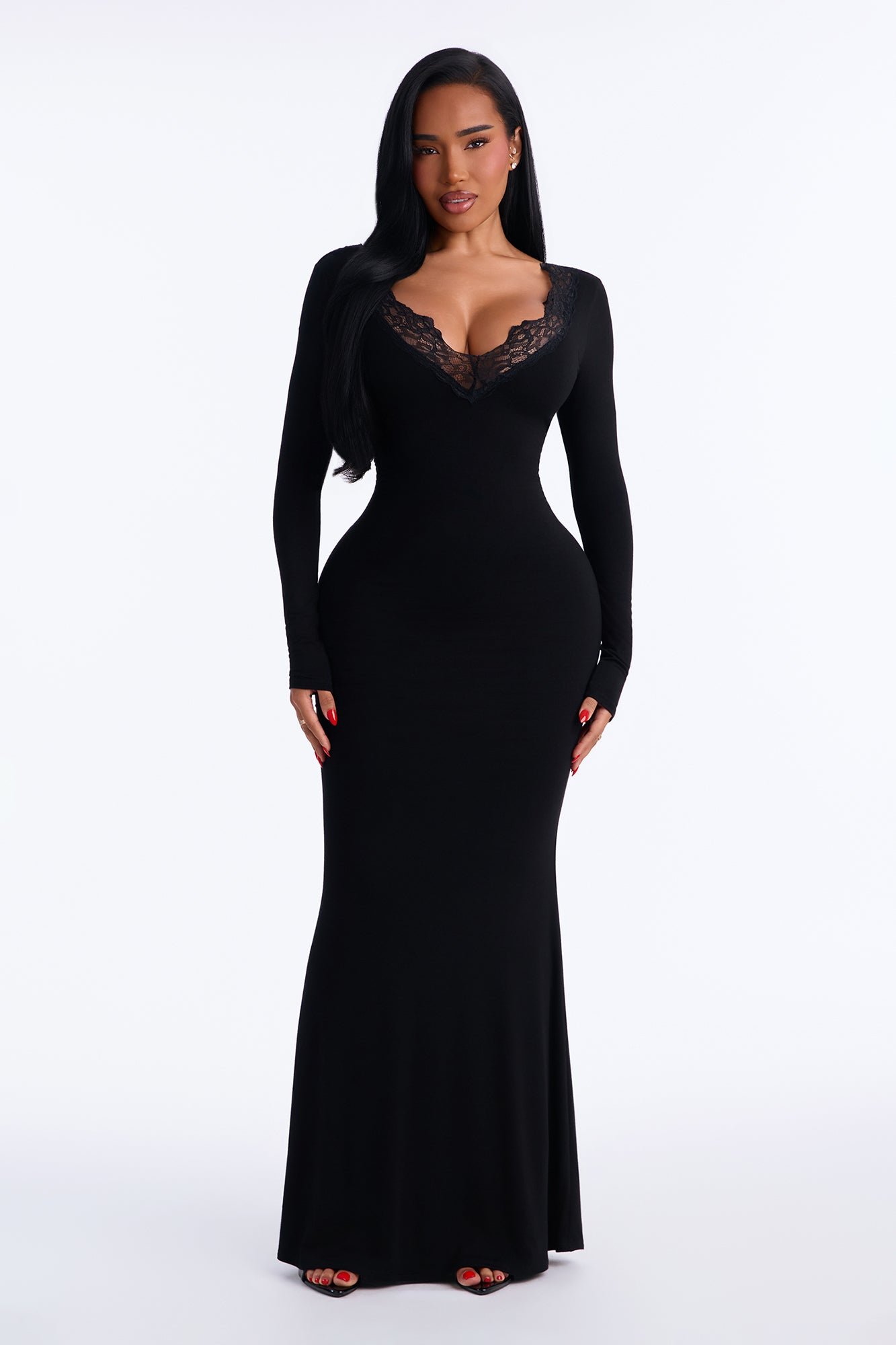 Long Sleeve Lace Trim Maxi Dress
