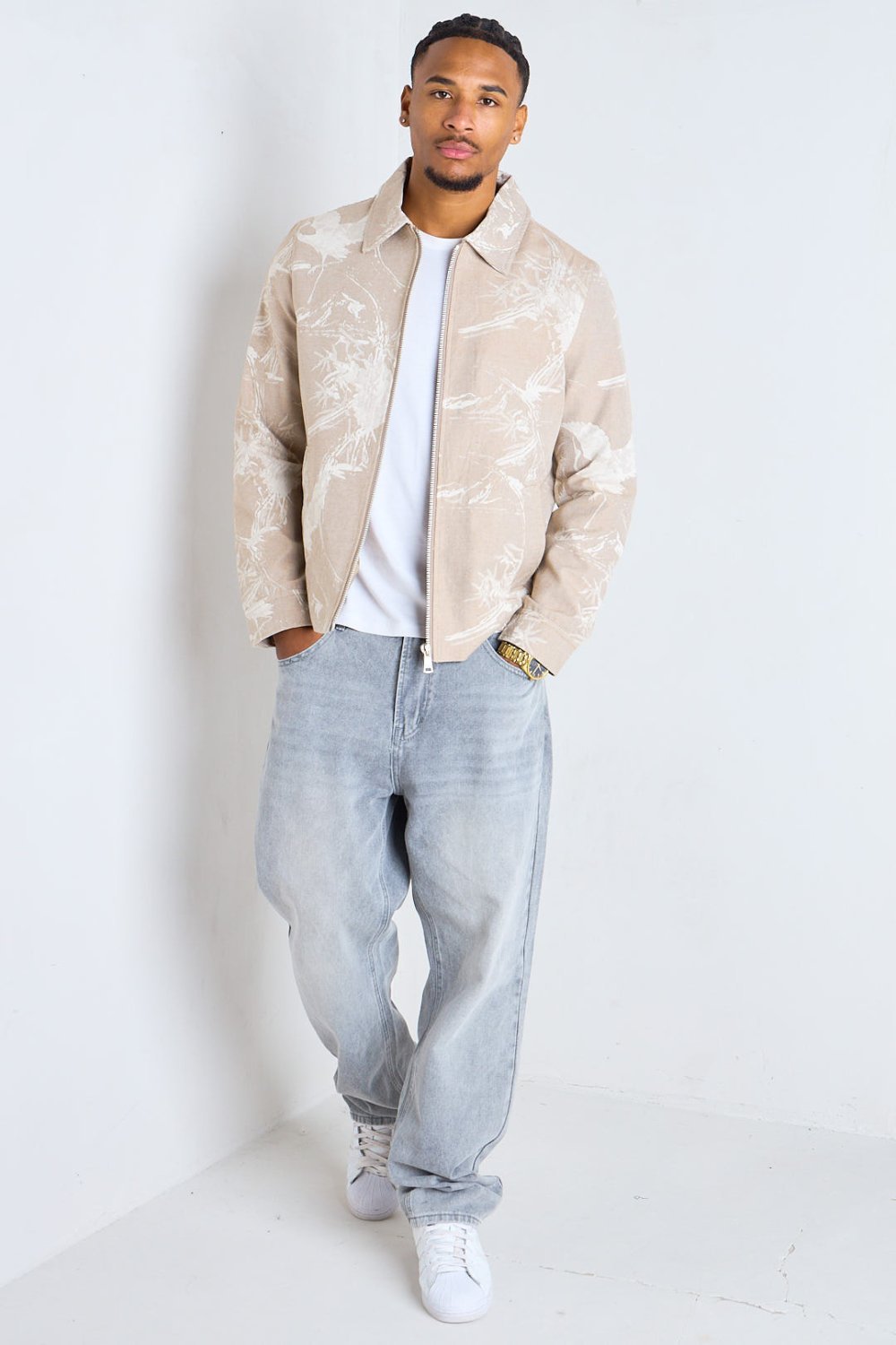 Veste zippée imprimée à col à revers beige