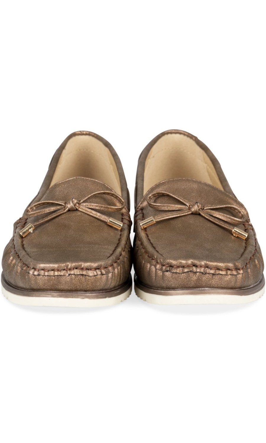 Bronze metallic loafers with bow