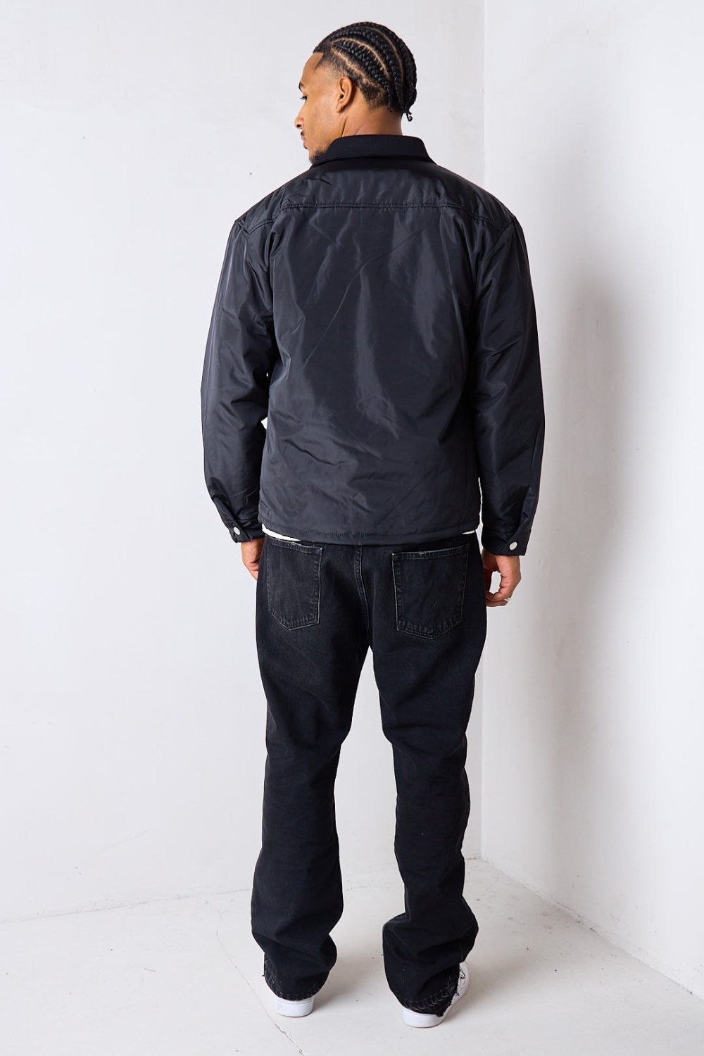 Black satin bomber jacket with buttons