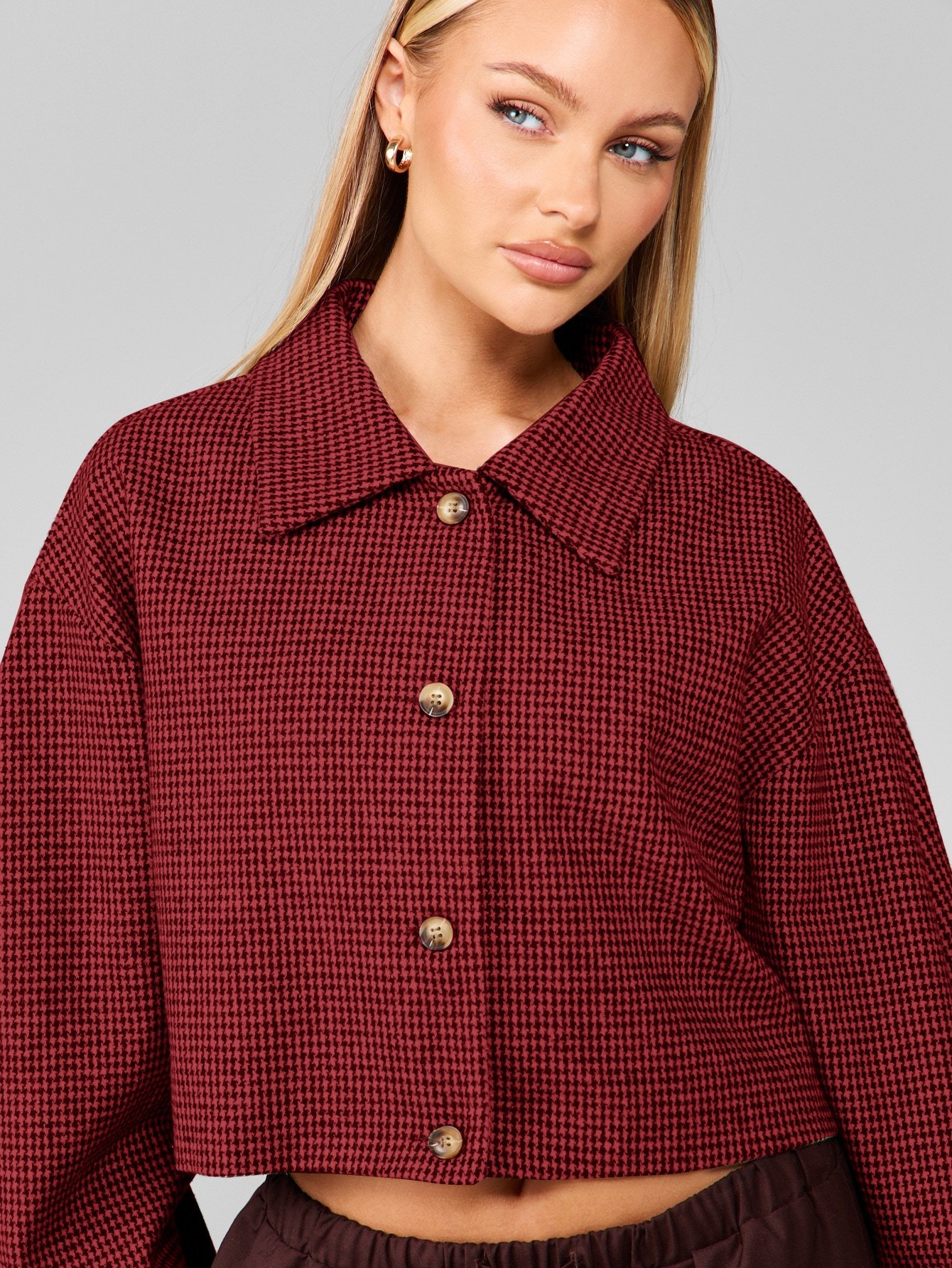 Cropped houndstooth jacket with puff sleeves
