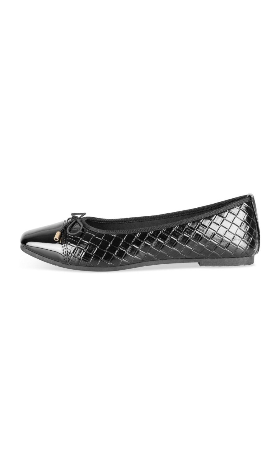 Black patent-look woven-texture ballerinas