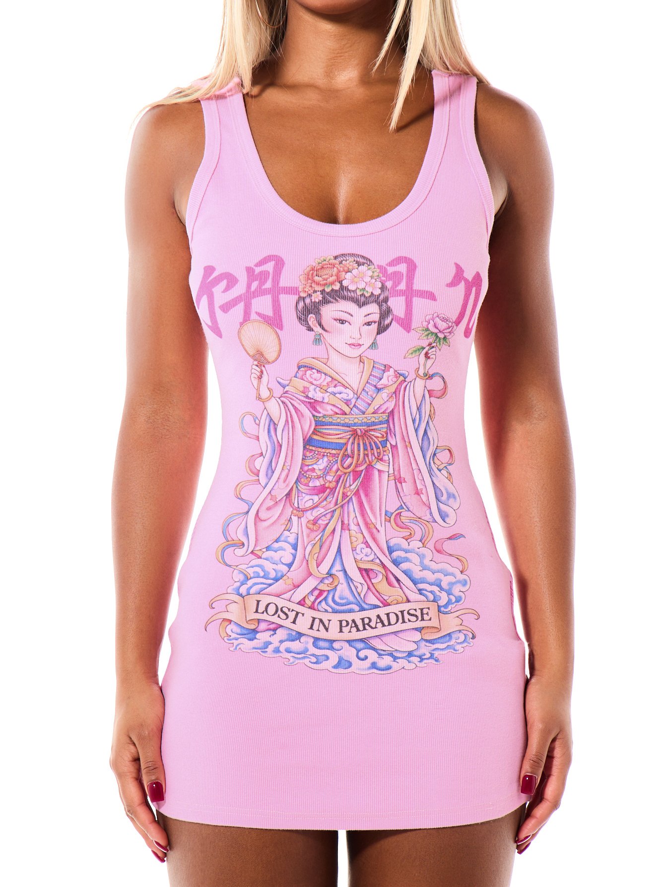 Robe Débardeur Courte En Jersey Côtelé Avec Imprimé Graphique Geisha Inspiré Du Japon