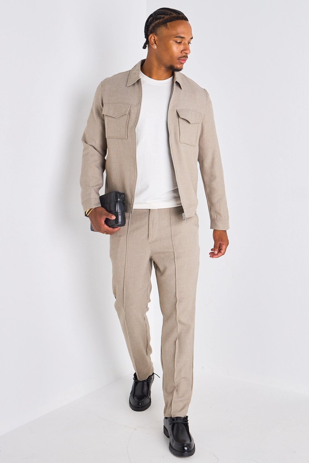 Beige jacket and straight trousers set