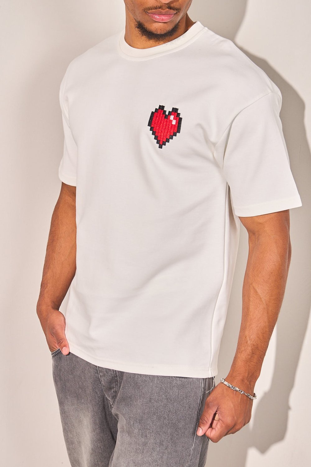T-shirt ample à logo cœur pixel blanc