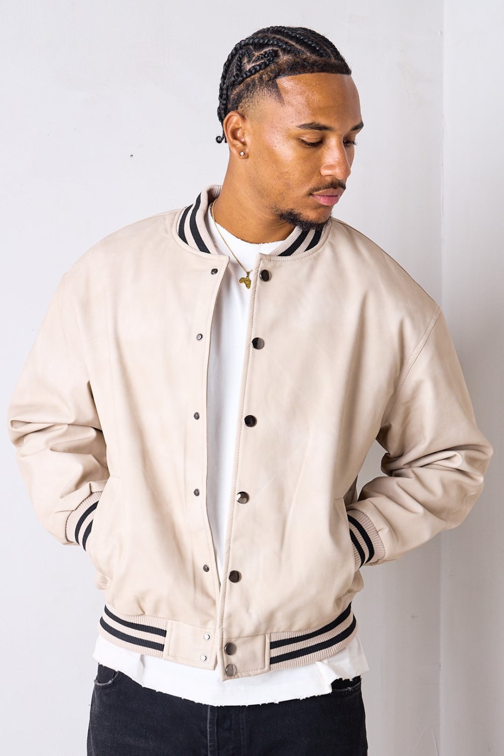 Bomber en simili cuir à col rond beige