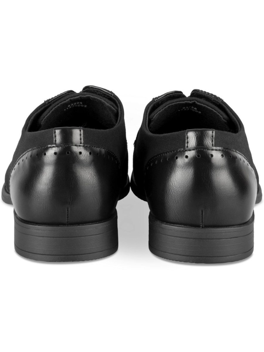 Black mixed-material derbies, brogued heel