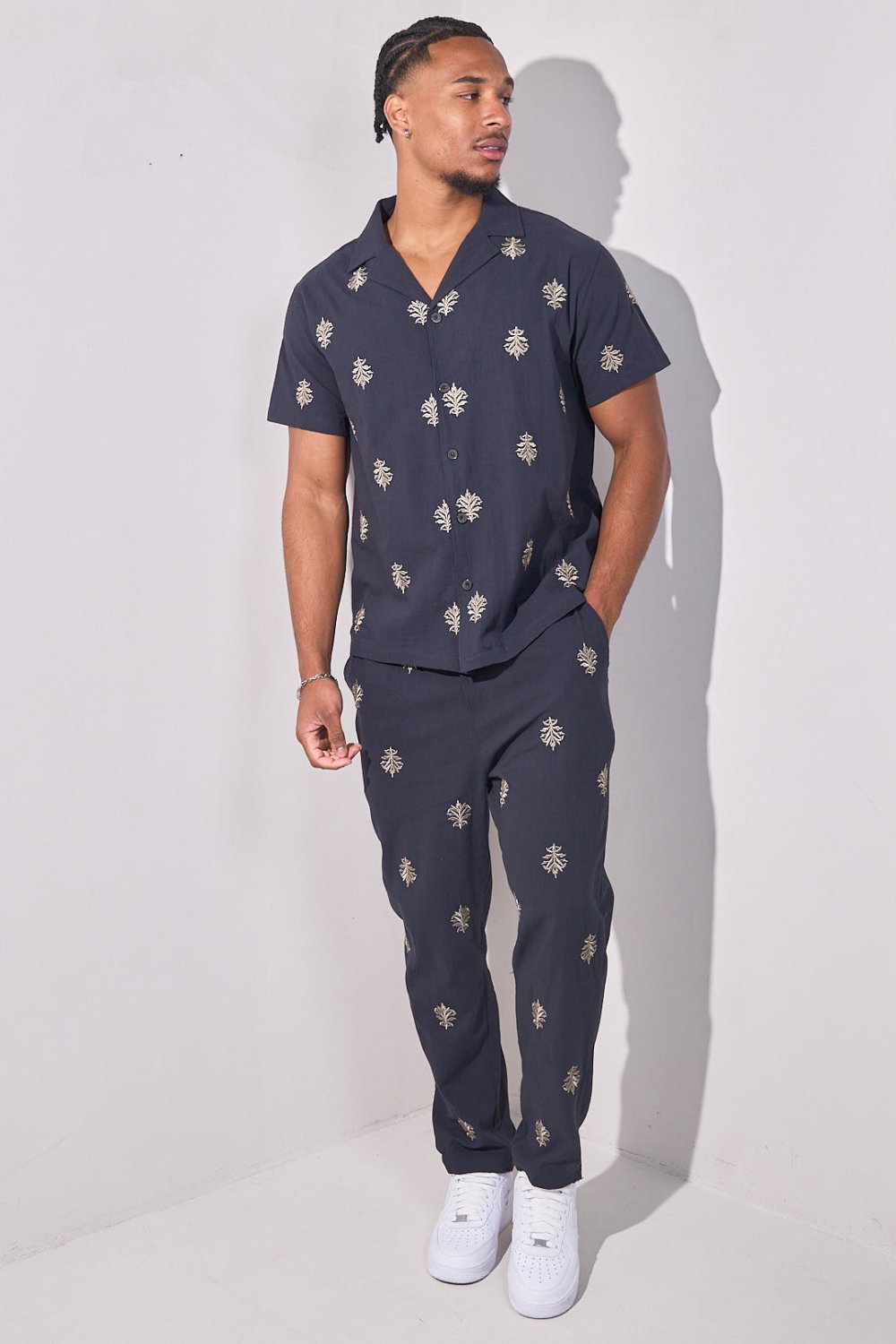 Navy embroidered linen-look shirt and trousers set