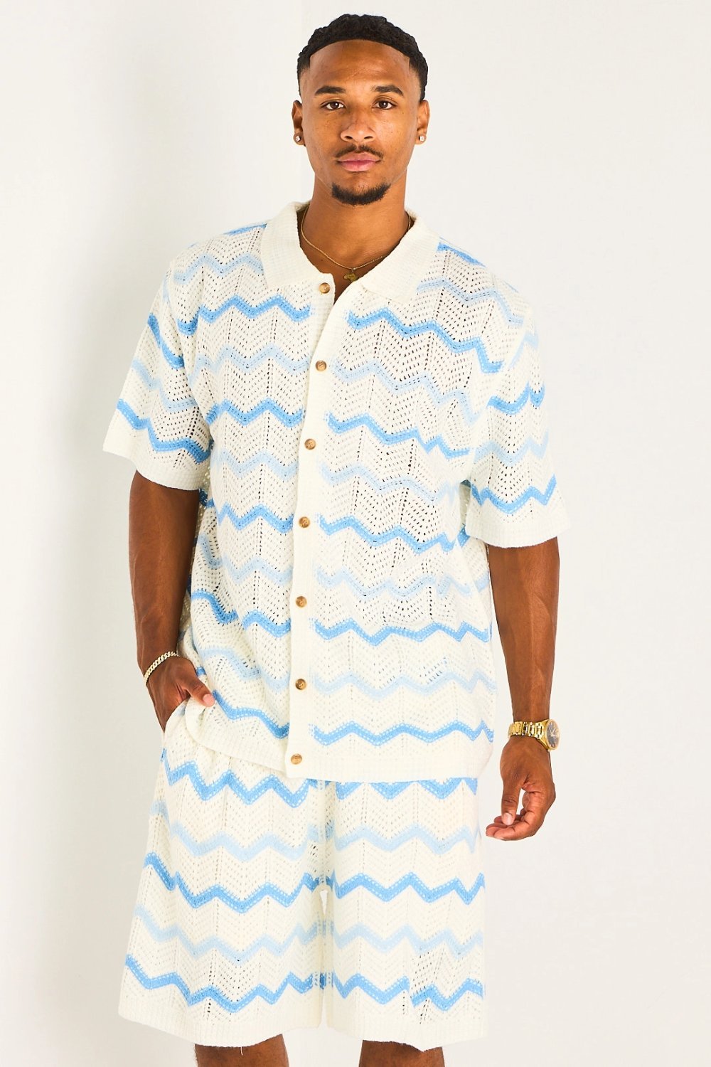 Ensemble chemise w short crochet géométrique bleu