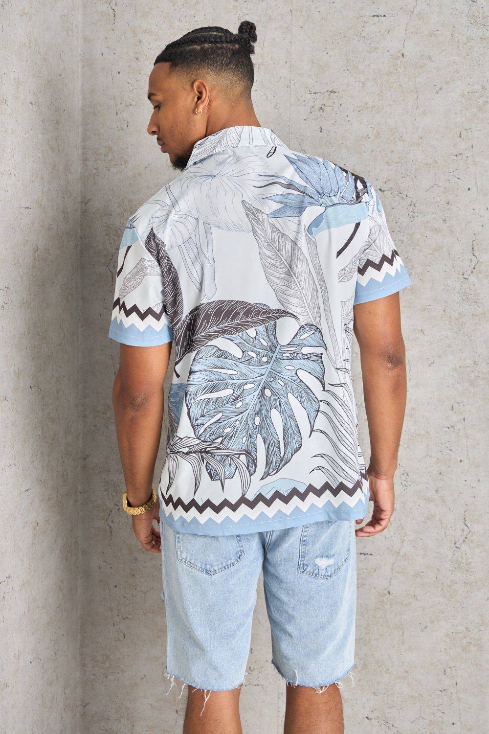 Blue floral and geometric print shirt