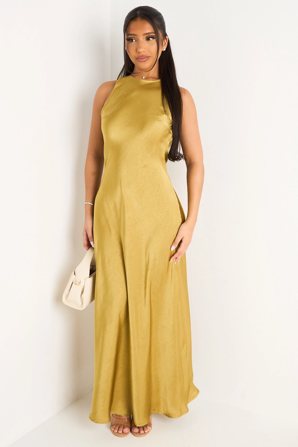 Yellow sleeveless satin maxi dress