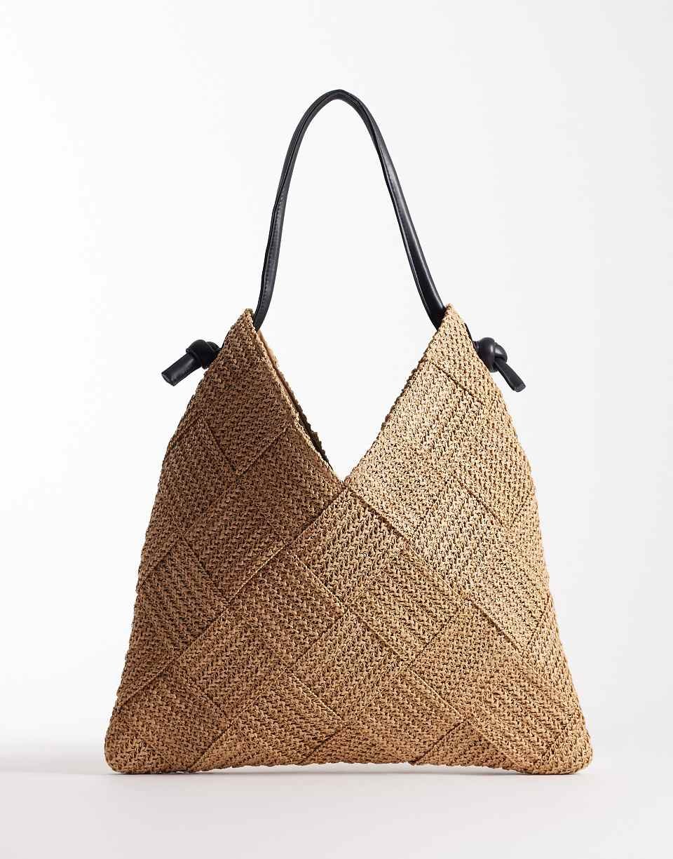 Woven straw tote bag with tubular handle