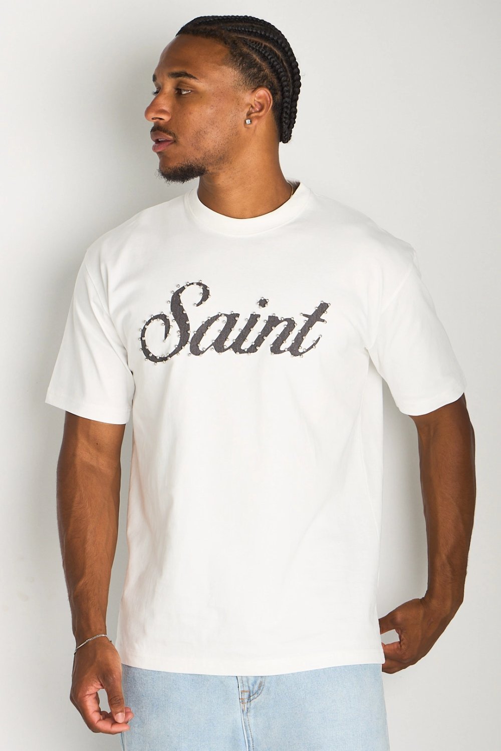 Ecru T-shirt with studded lettering