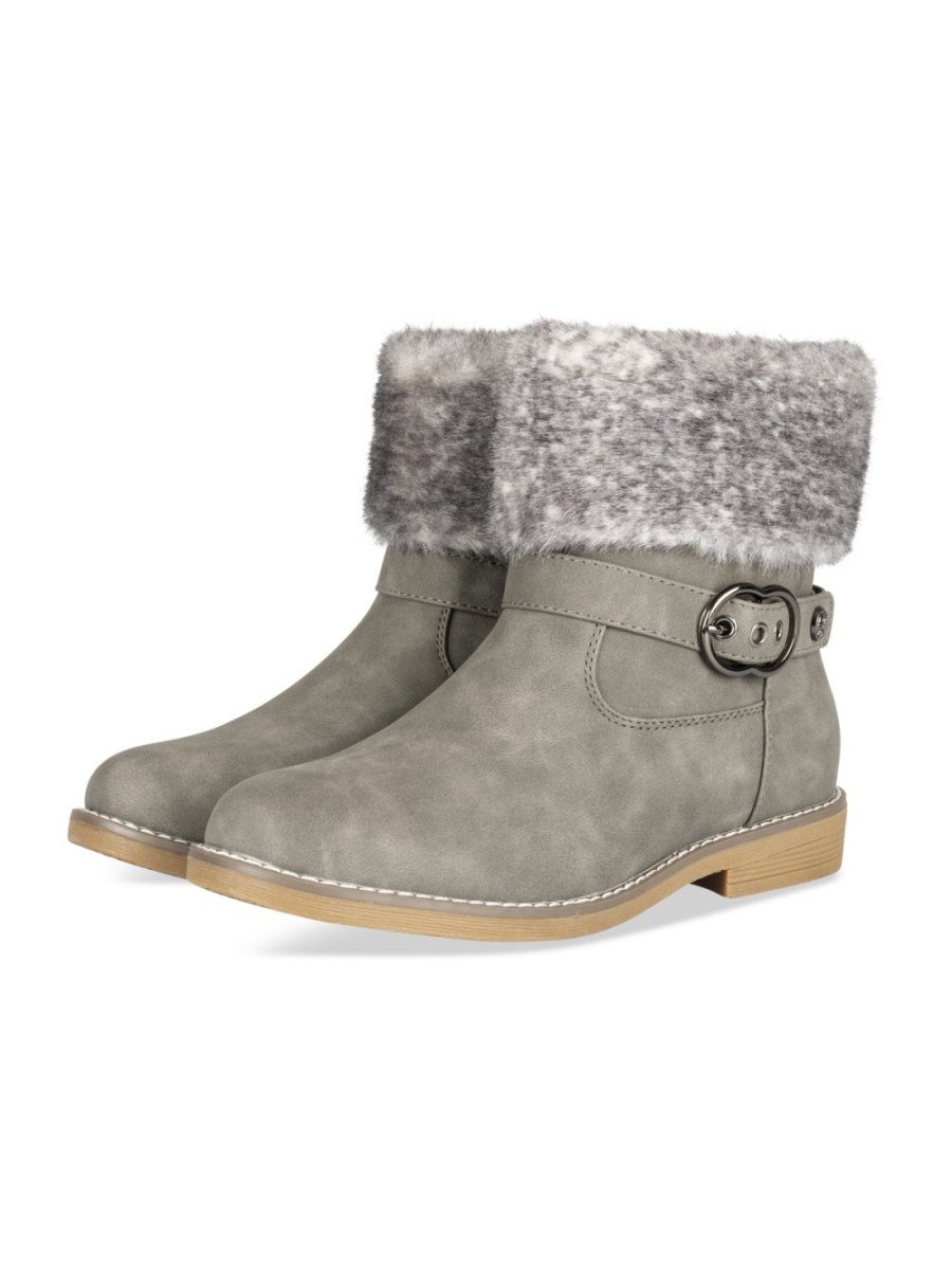 Grey faux fur cuff boots with buckle