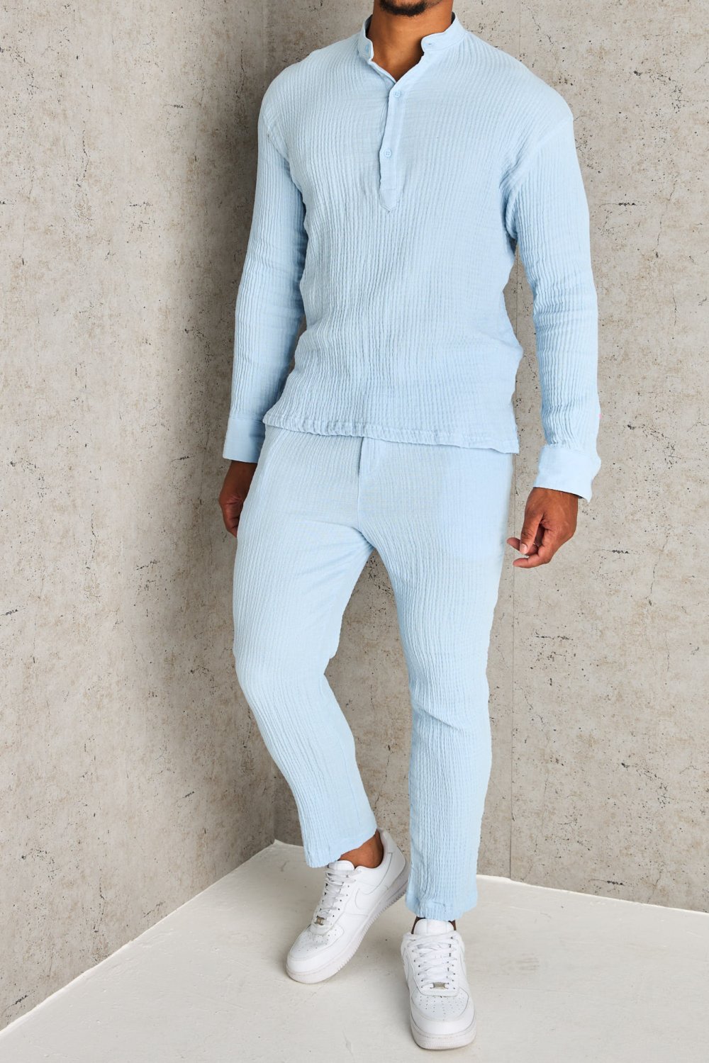 Blue cotton gauze shirt and trousers set