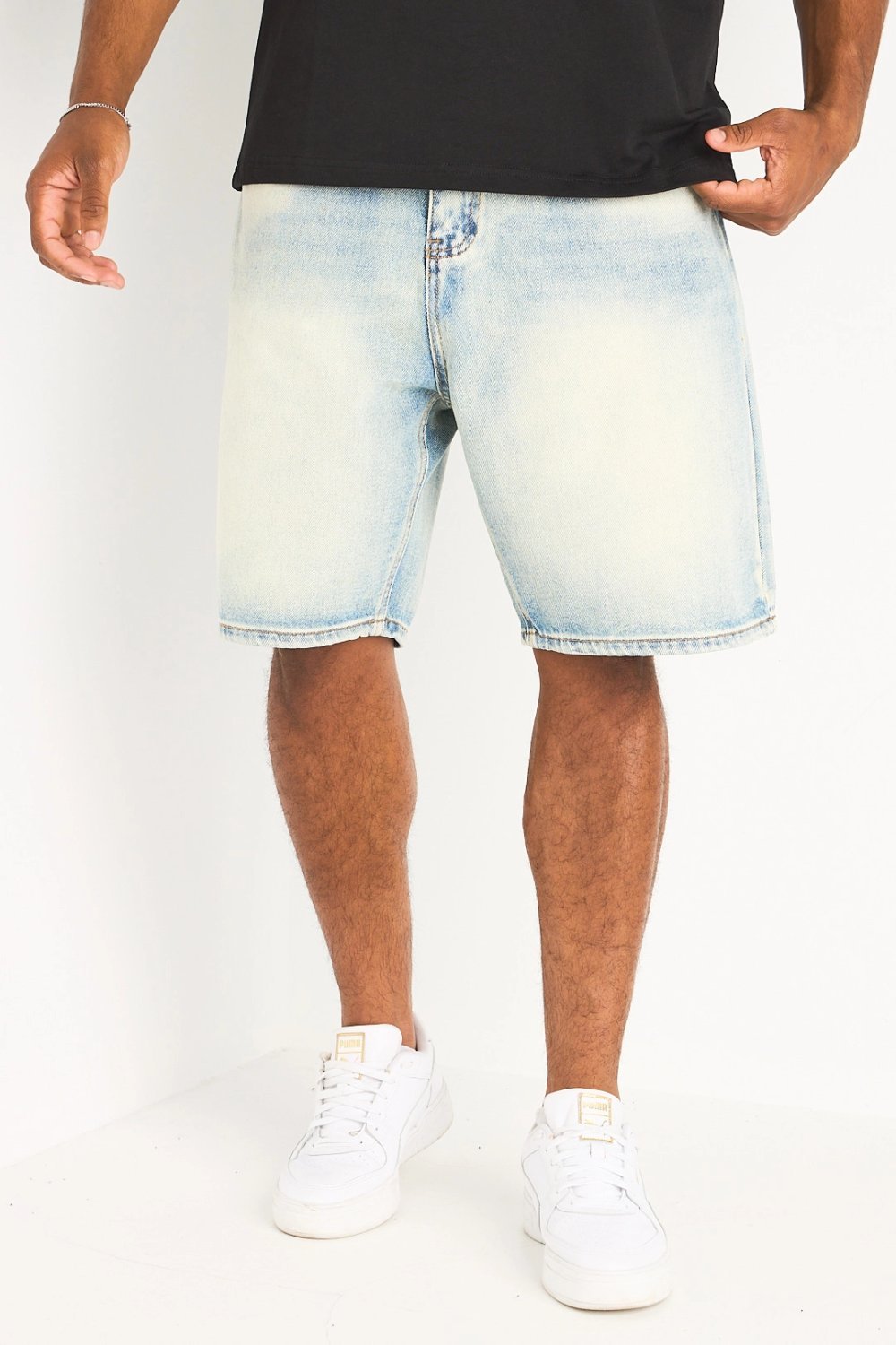 Blue two-tone washed denim shorts