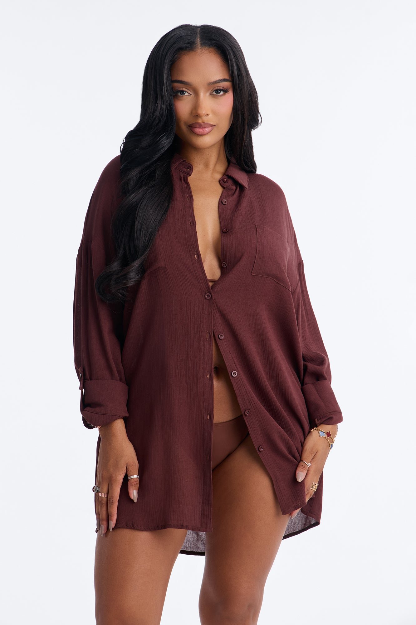 Linen look cover-up shirt with pocket