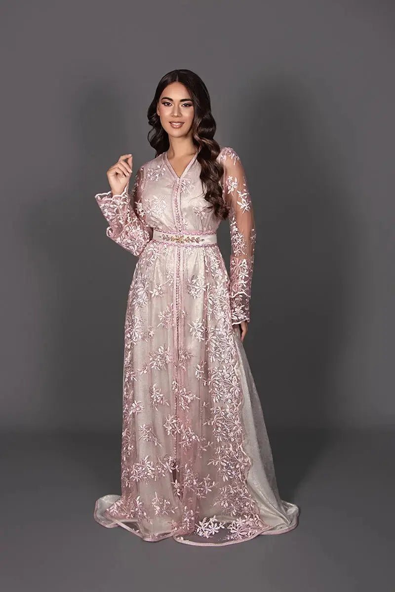 Pink lace takchita over silver lamé