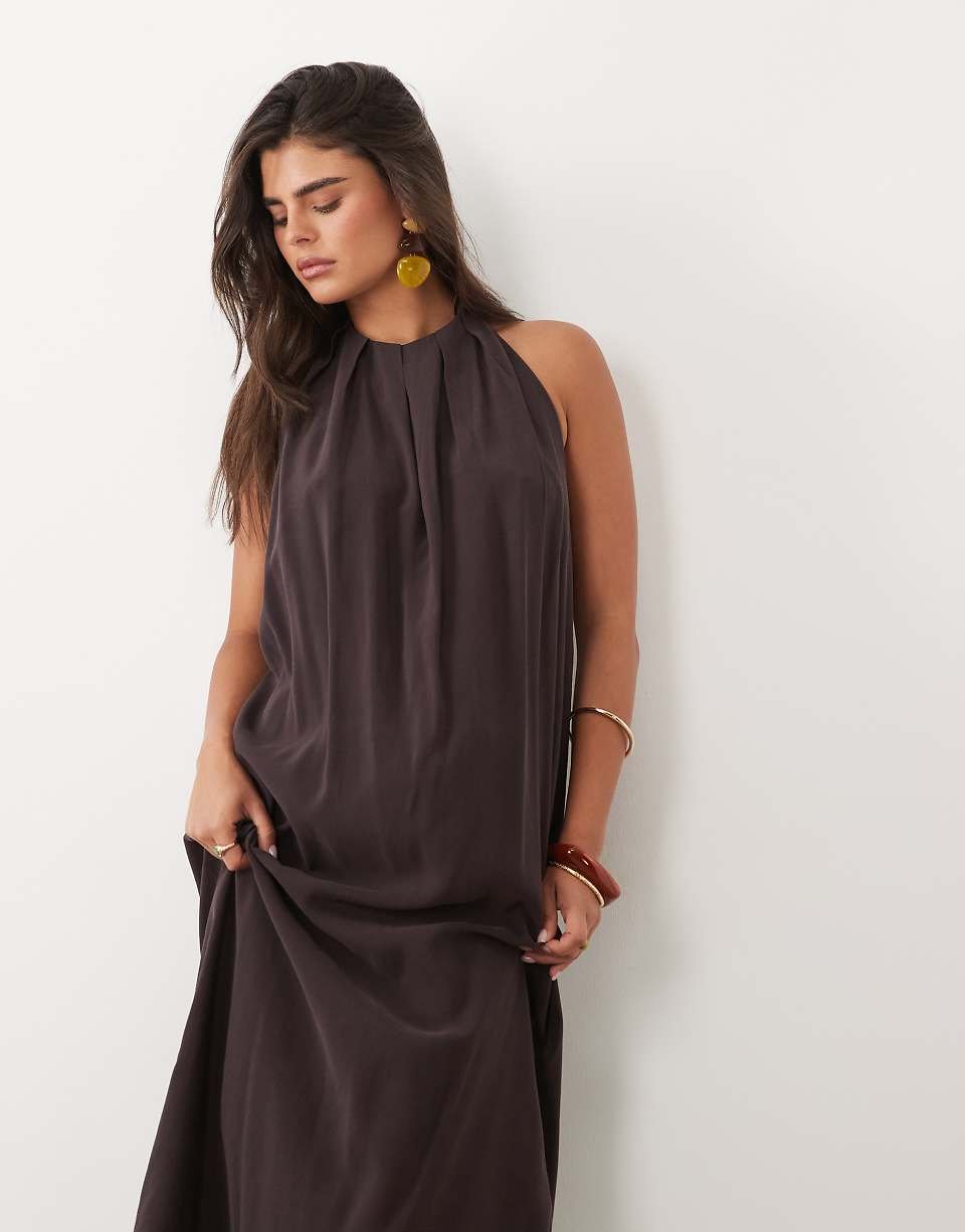 Chocolate Maxi Dress With Gathered Neck And Open Back