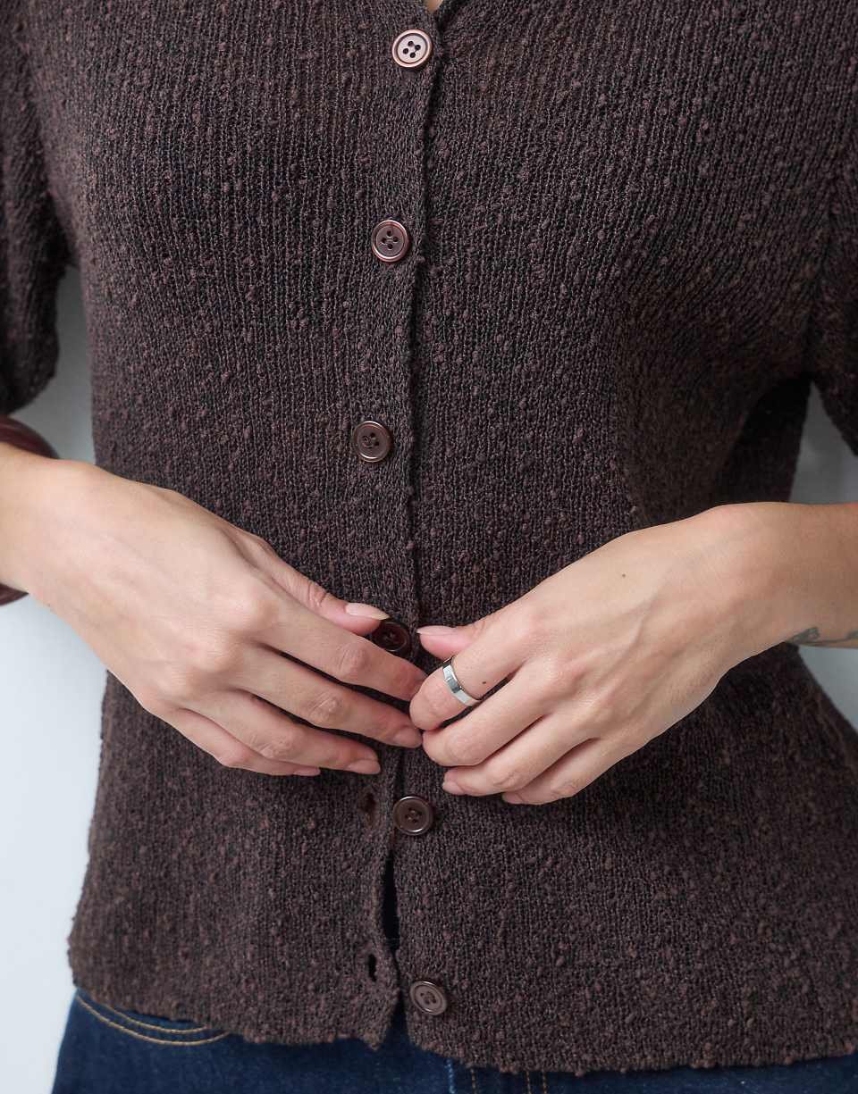 كارديغان مريح بأكمام قصيرة من قماش سلوب - شوكولاتة