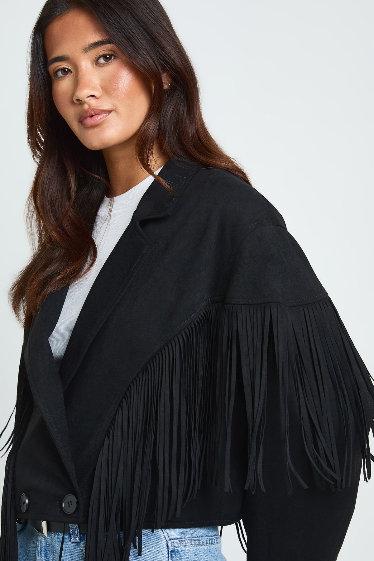 Veste en similicuir à détails franges