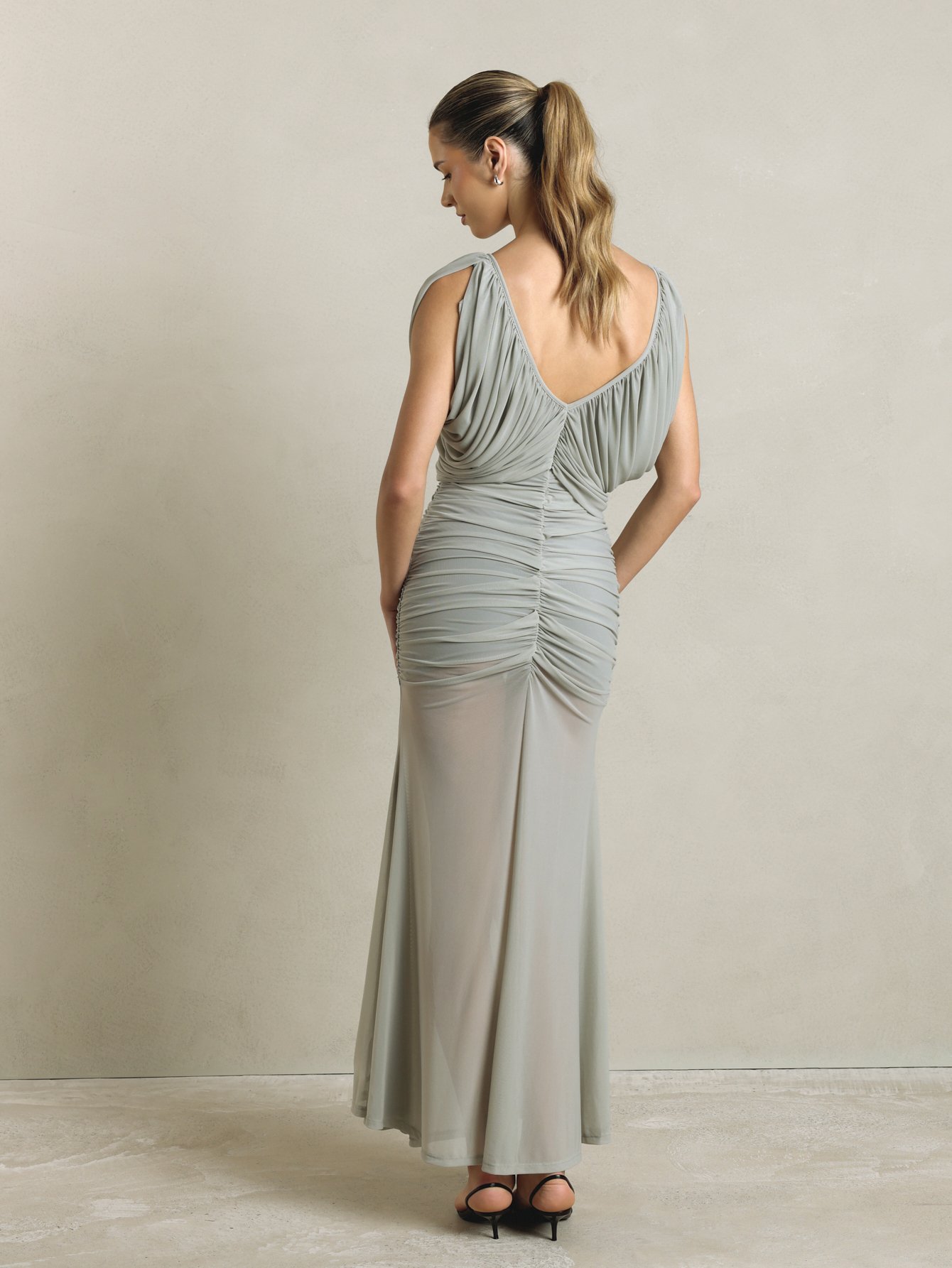 Ruched knit V-neck mermaid dress