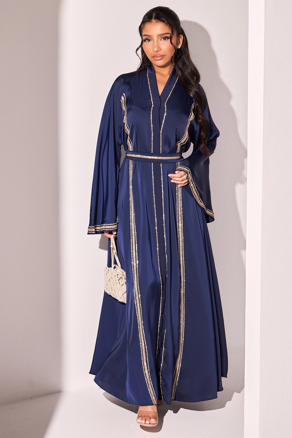 Abaya bleu foncé à bandes de strass bicolores