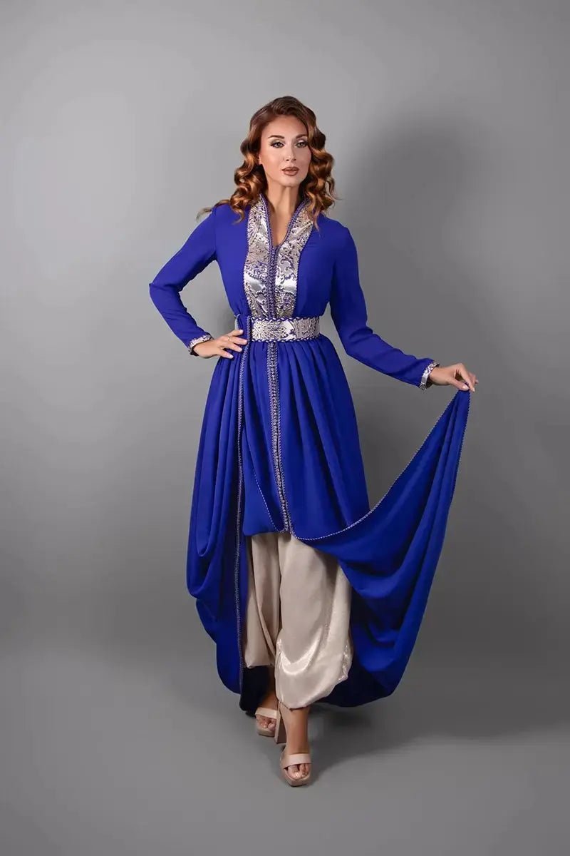 Royal blue kaftan with gold lamé trousers