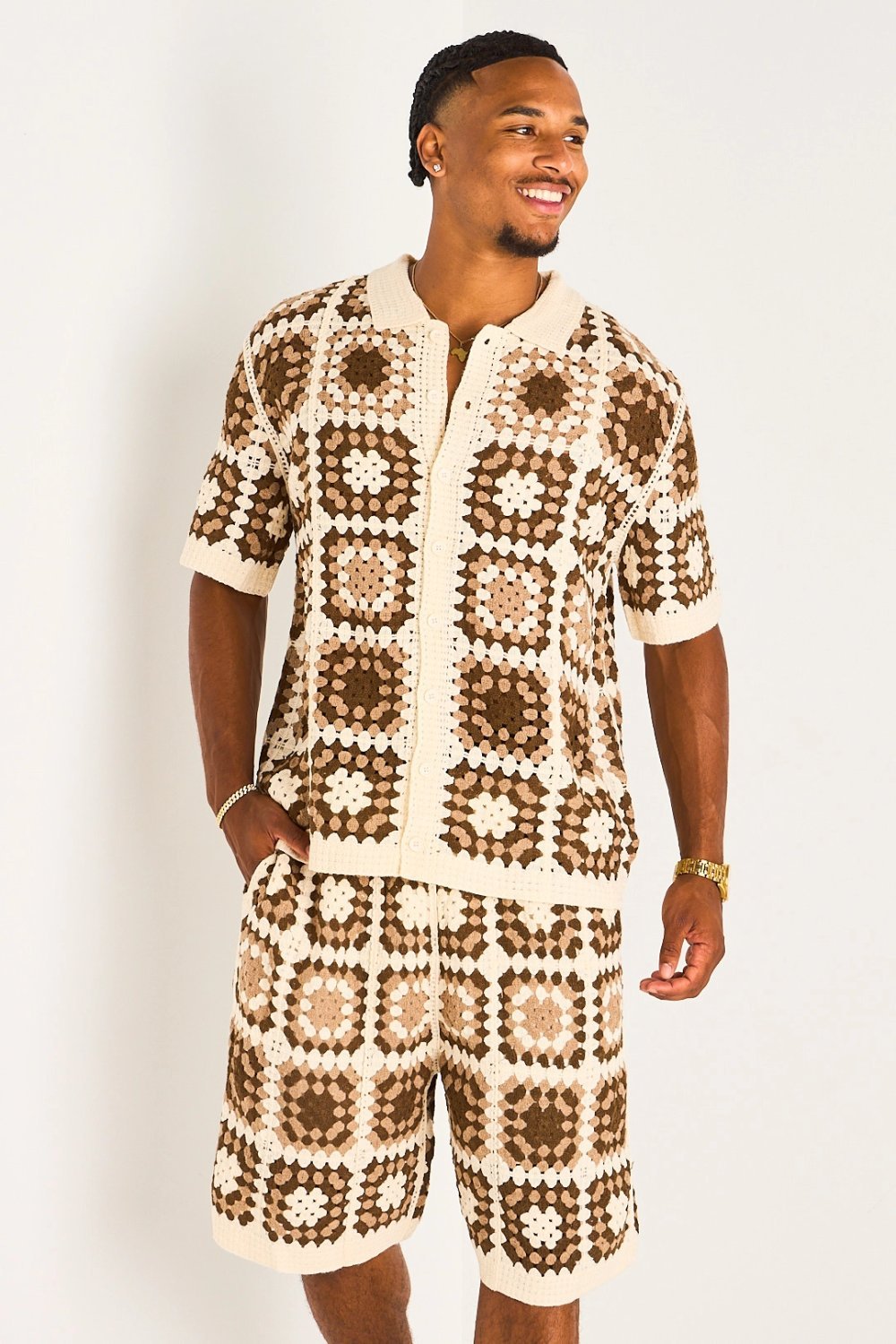 Brown check crochet shirt and shorts set