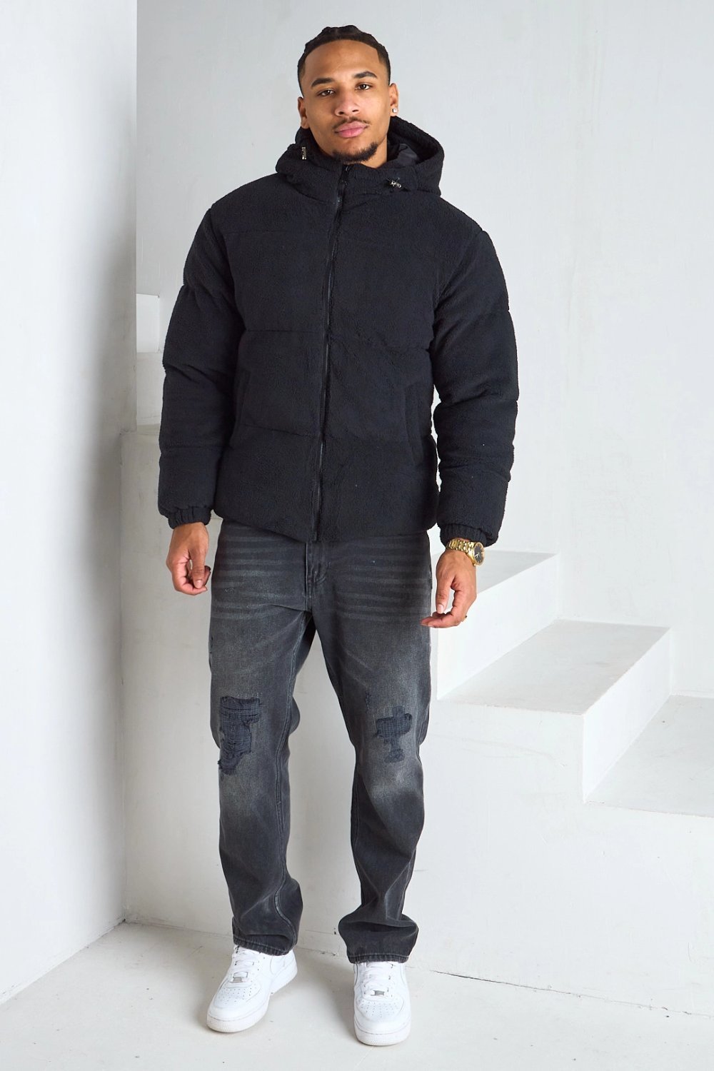 Black hooded bomber jacket with sherpa effect