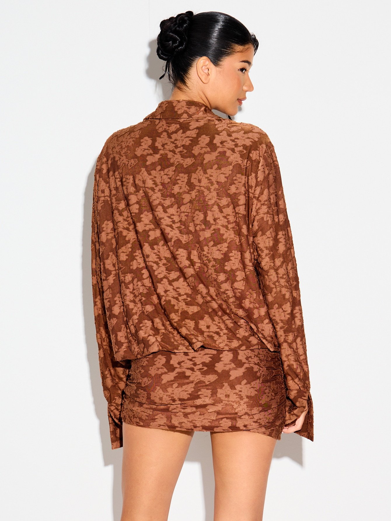 Draped Mini Shirt Dress With Floral Texture