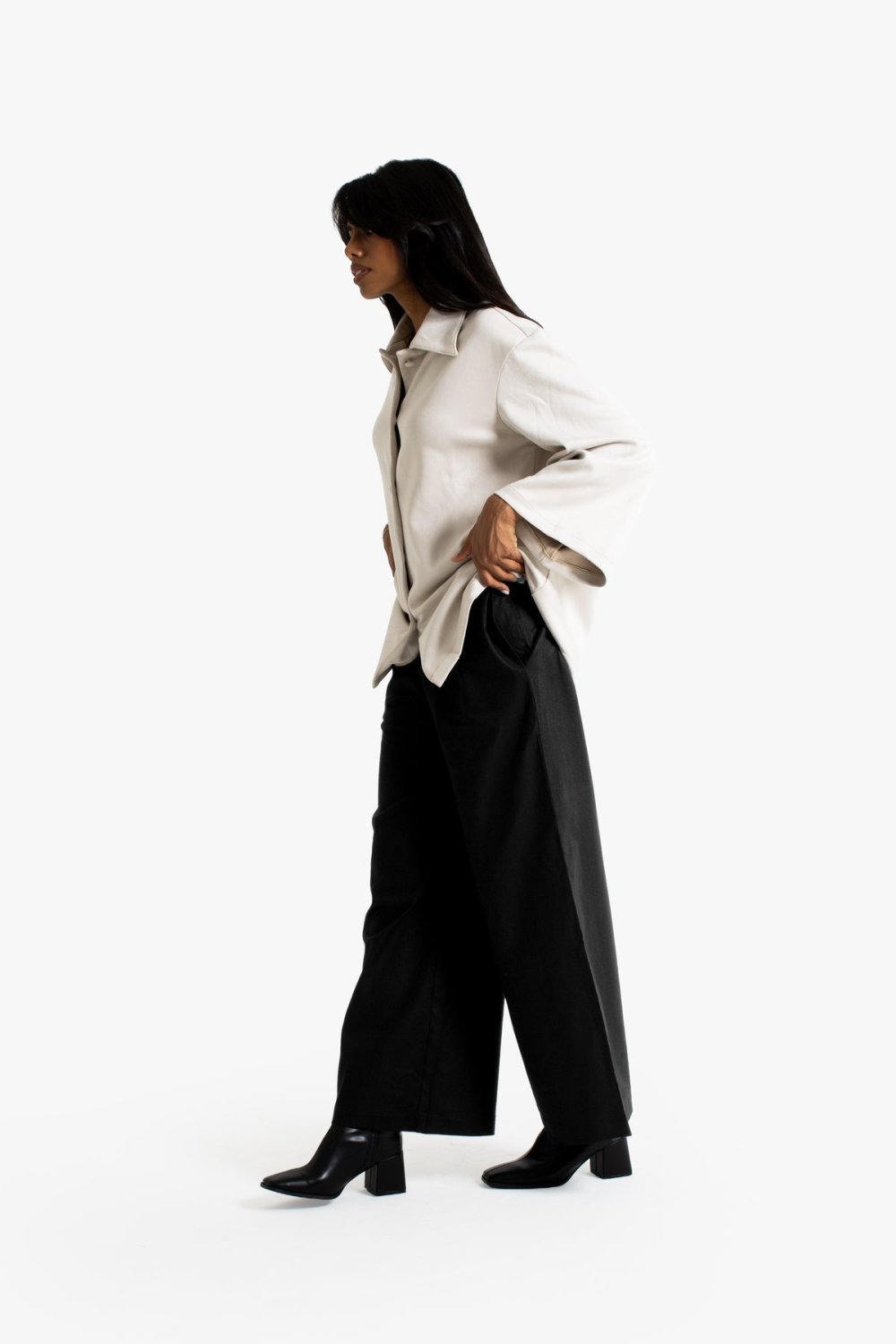Pantalon large à pinces en lin et coton - Noir