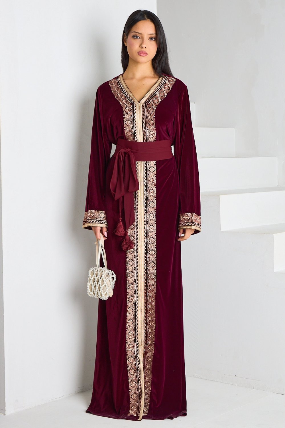 Burgundy velvet abaya with gold embroidery
