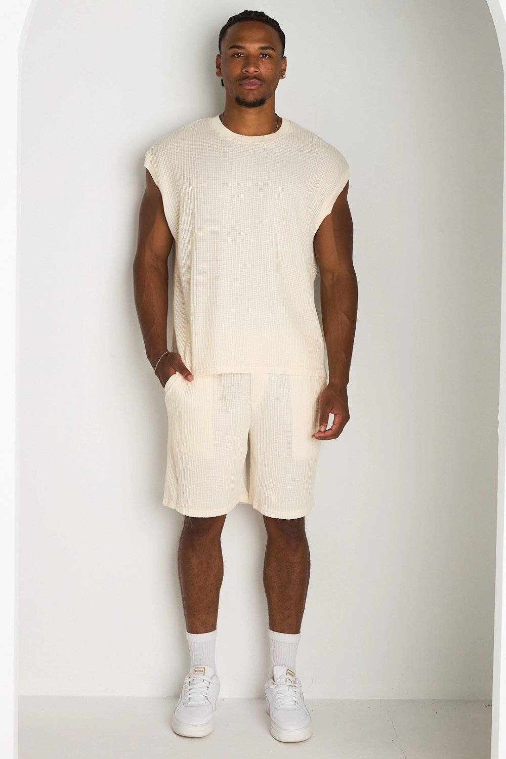 Beige knit tank top and shorts set