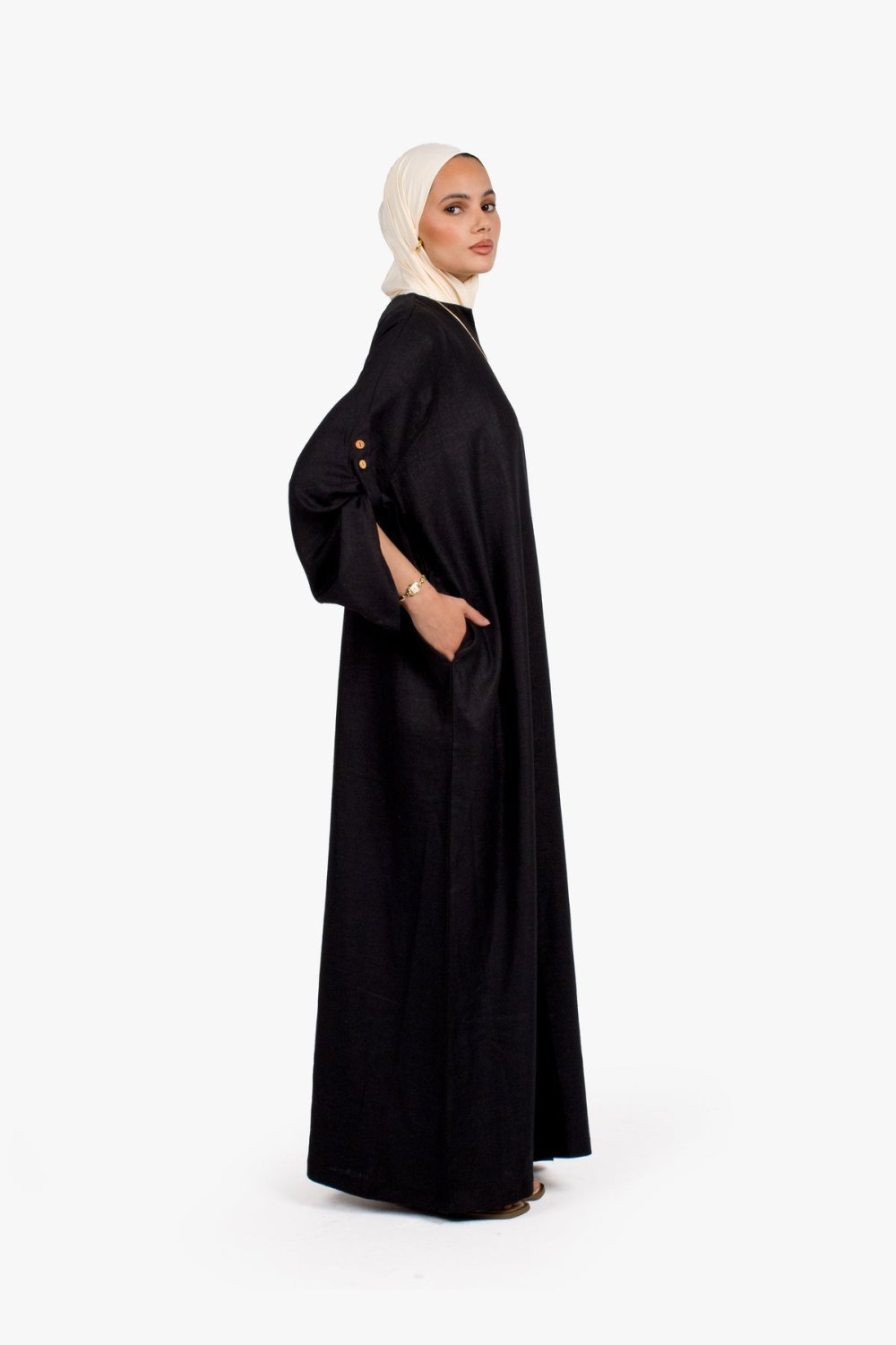 Abaya lin et coton à manches boutonnées - Noir