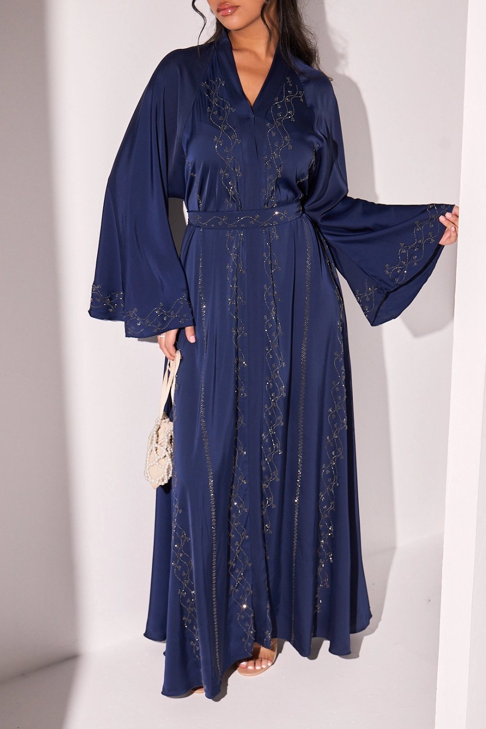 Abaya manches évasées à strass vagues bleu foncé