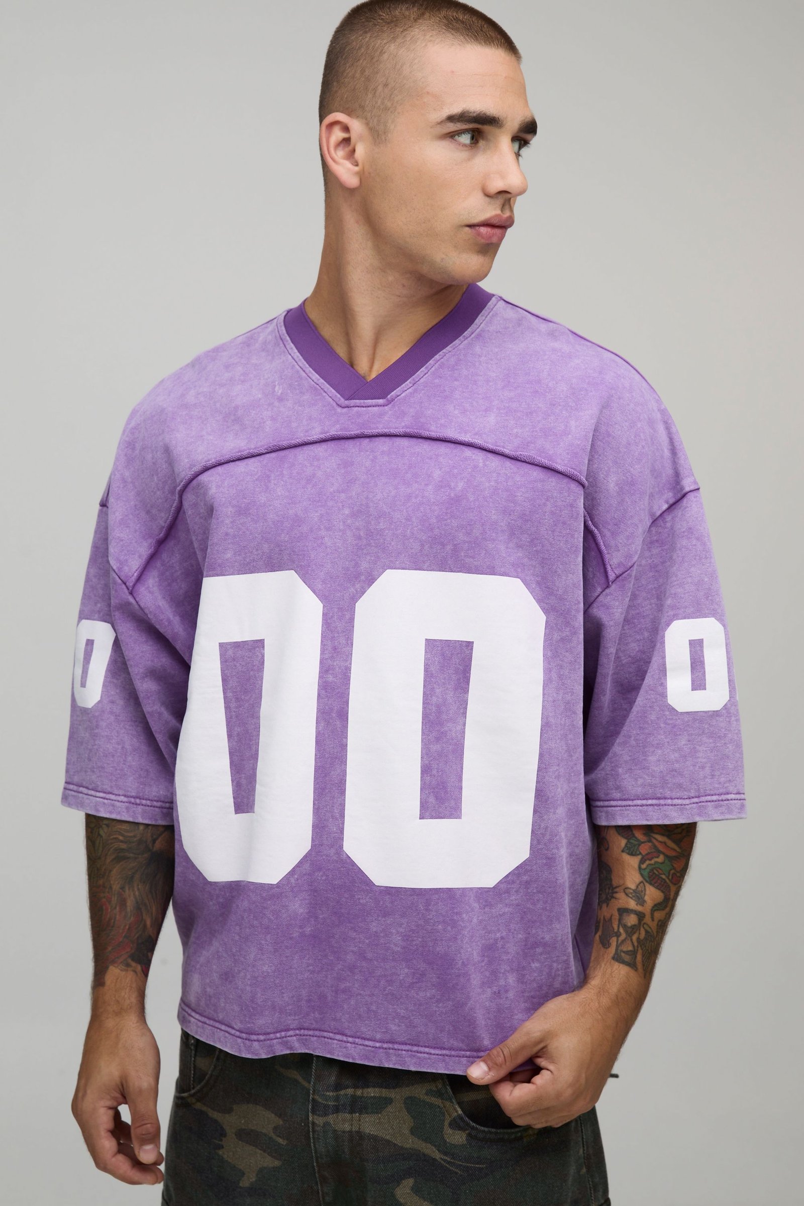 Haut De Sport Baseball Col V Délavé Imprimé 00 Détails Coutures Coupe Ample Oversize