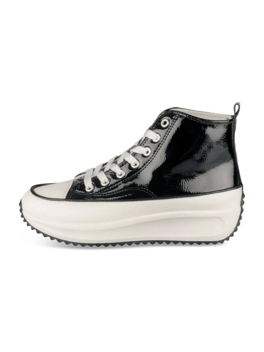 Black patent-look high-top platform sneakers