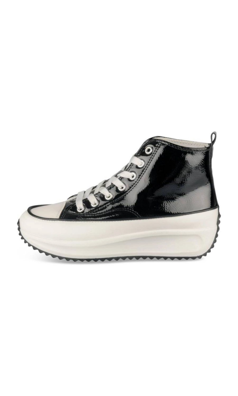 Black patent-look high-top platform sneakers
