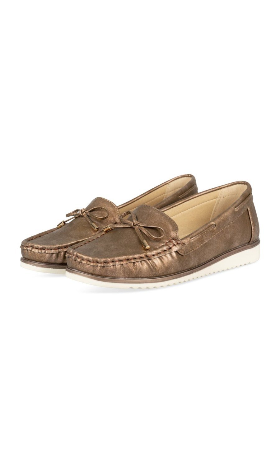 Bronze metallic loafers with bow