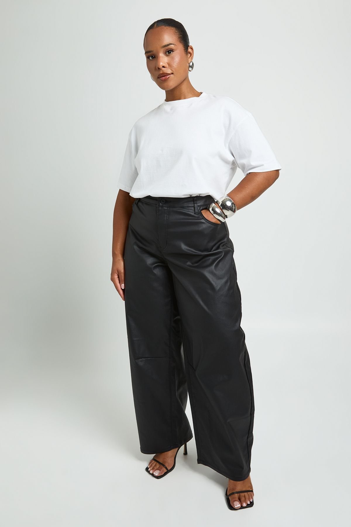Pantalon barrel taille mi-haute enduit - Grande taille