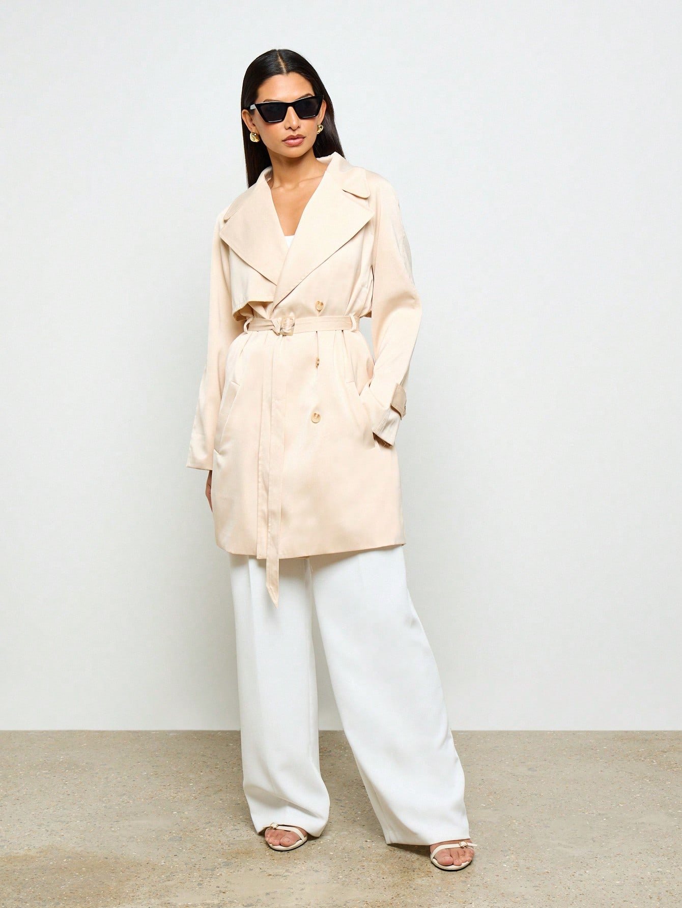 Trench-coat f satin b ceinture w double boutonnage