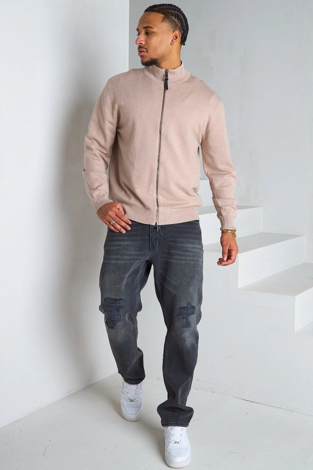 Beige crew neck jacket with two-way zip
