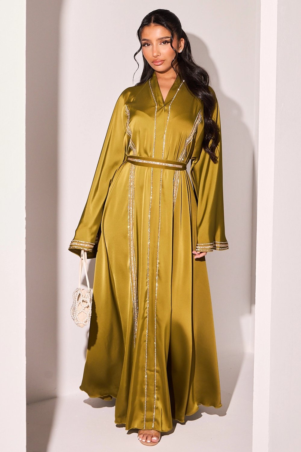 Olive green abaya with two-tone rhinestone stripes