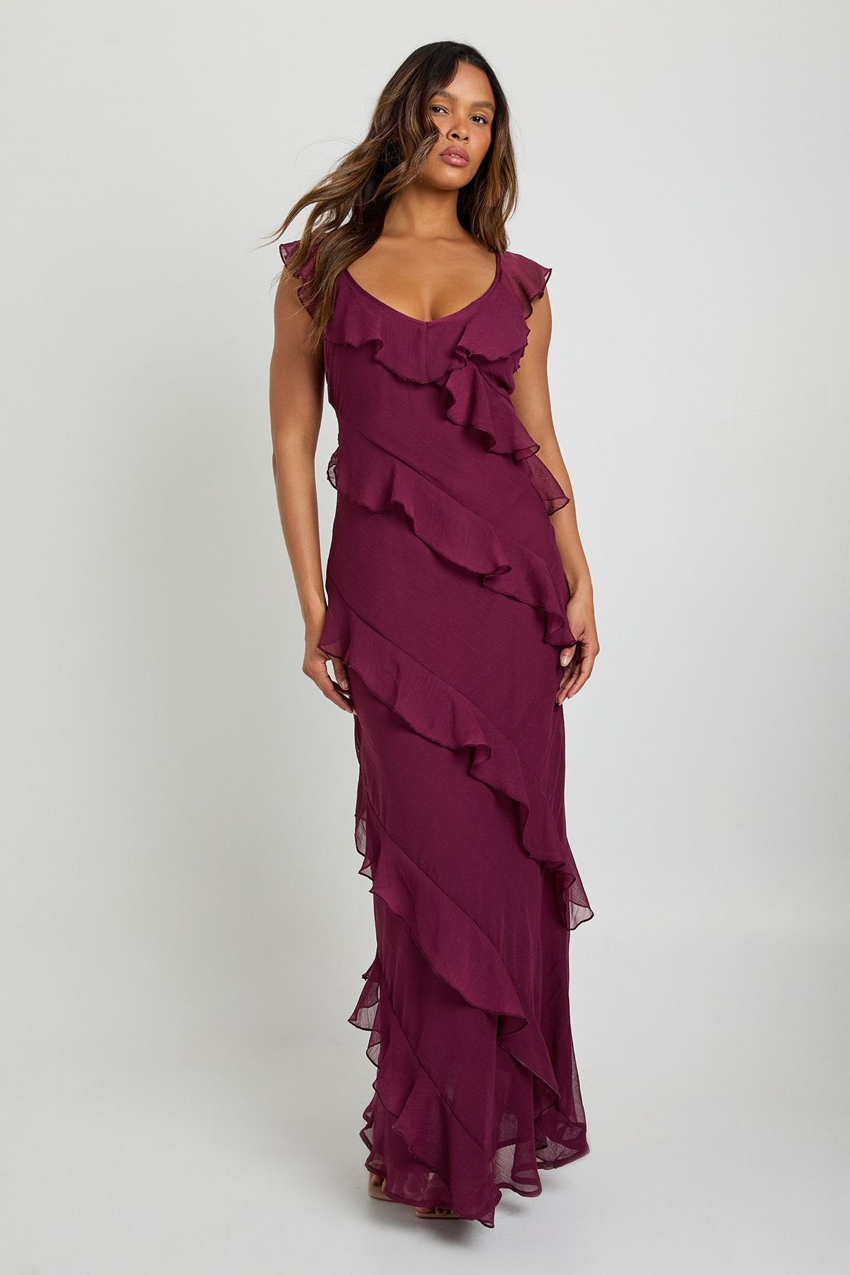 Robe longue b mousseline b volants w bretelles